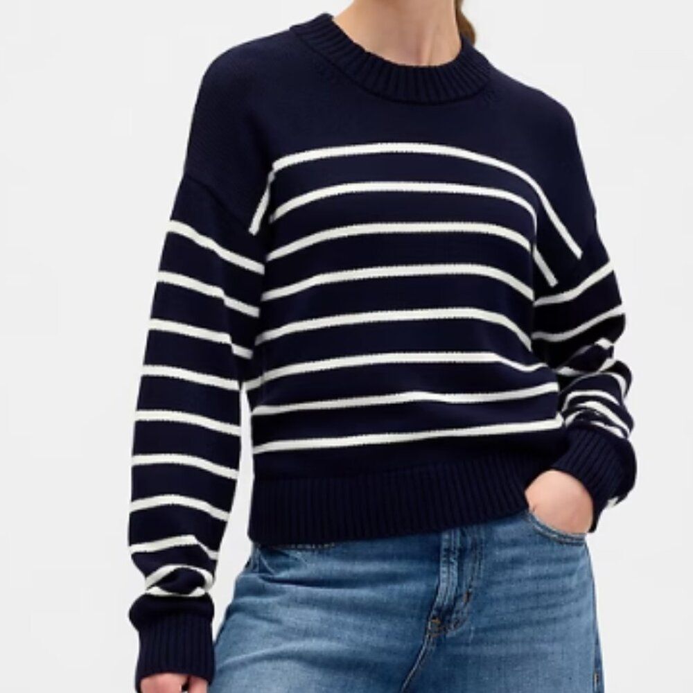 Gap Women's Relaxed Stripe Cropped Sweater Dropped Shoulder Soft Cotton Knit $70